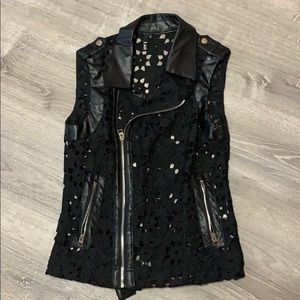Floral Cutout Zip Vest with Leather Accents